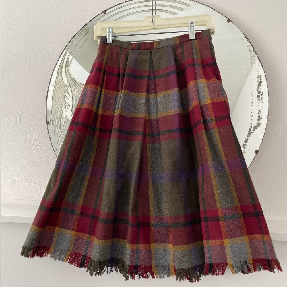 Vintage Saks Fifth Avenue Intuitions Pleated Plaid Blanket Fringe Skirt Size S